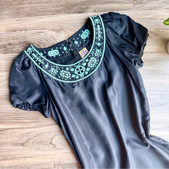 Tory Burch Lottie Turquoise Embroidered Yoke Black Silk Shift Mini Dress Size 12 - Picture 3 of 16
